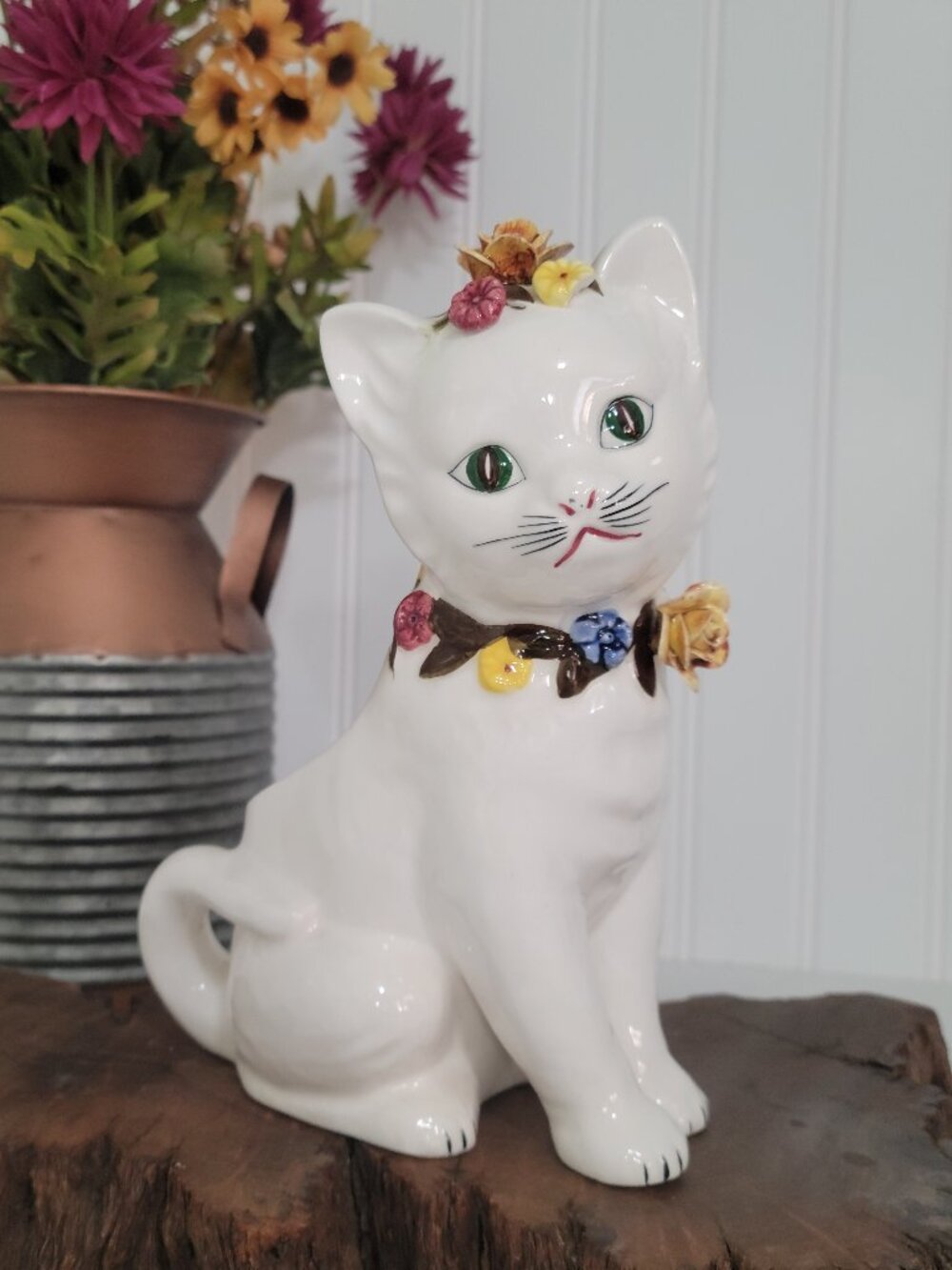 Vtg Retro Kitschy MCM Cottagecore White Ceramic Cat Kitten 3D Floral Planter - Picture 1 of 12